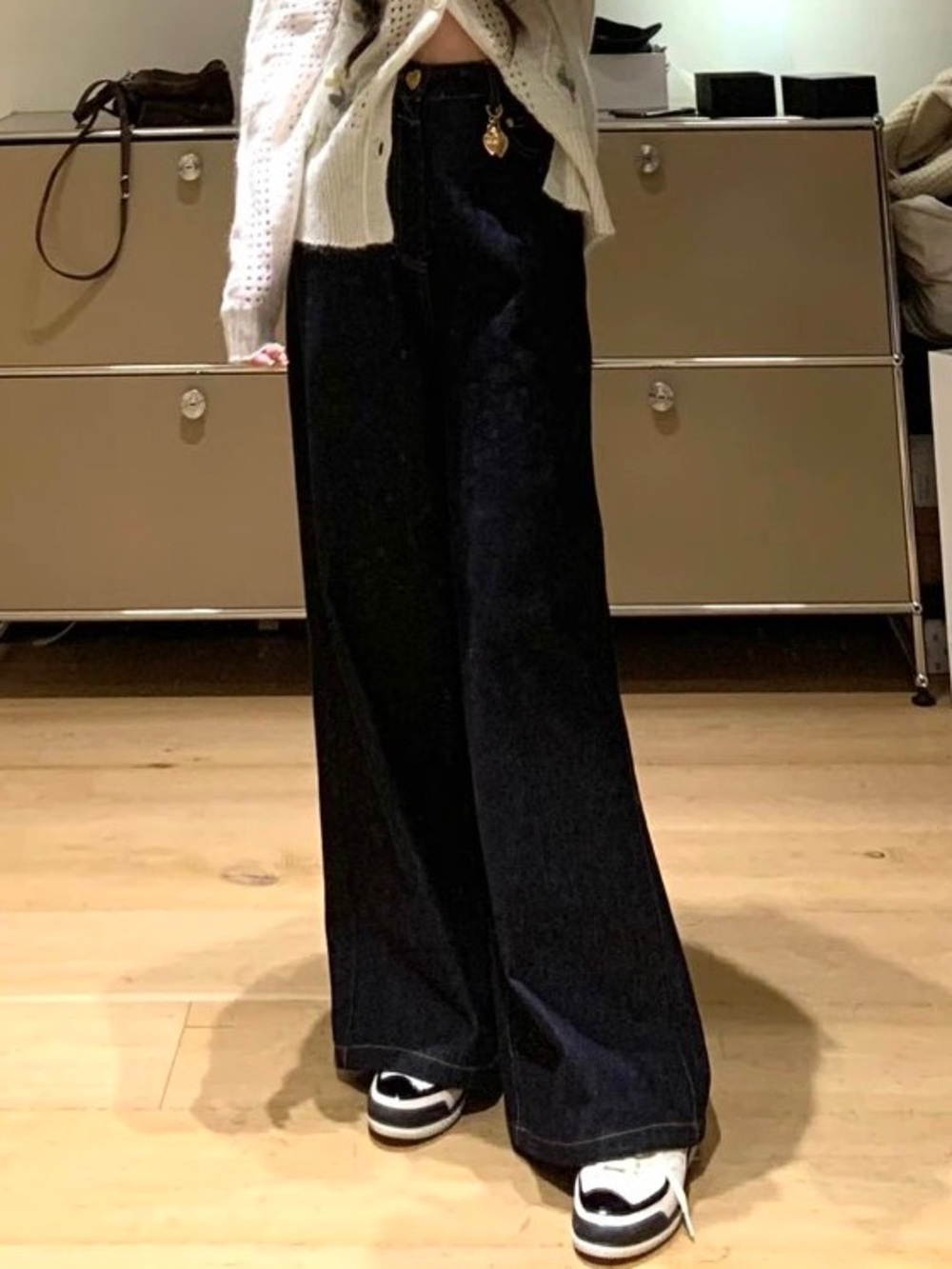 High-Waist Wide-Leg Heart Charm Denim Jeans